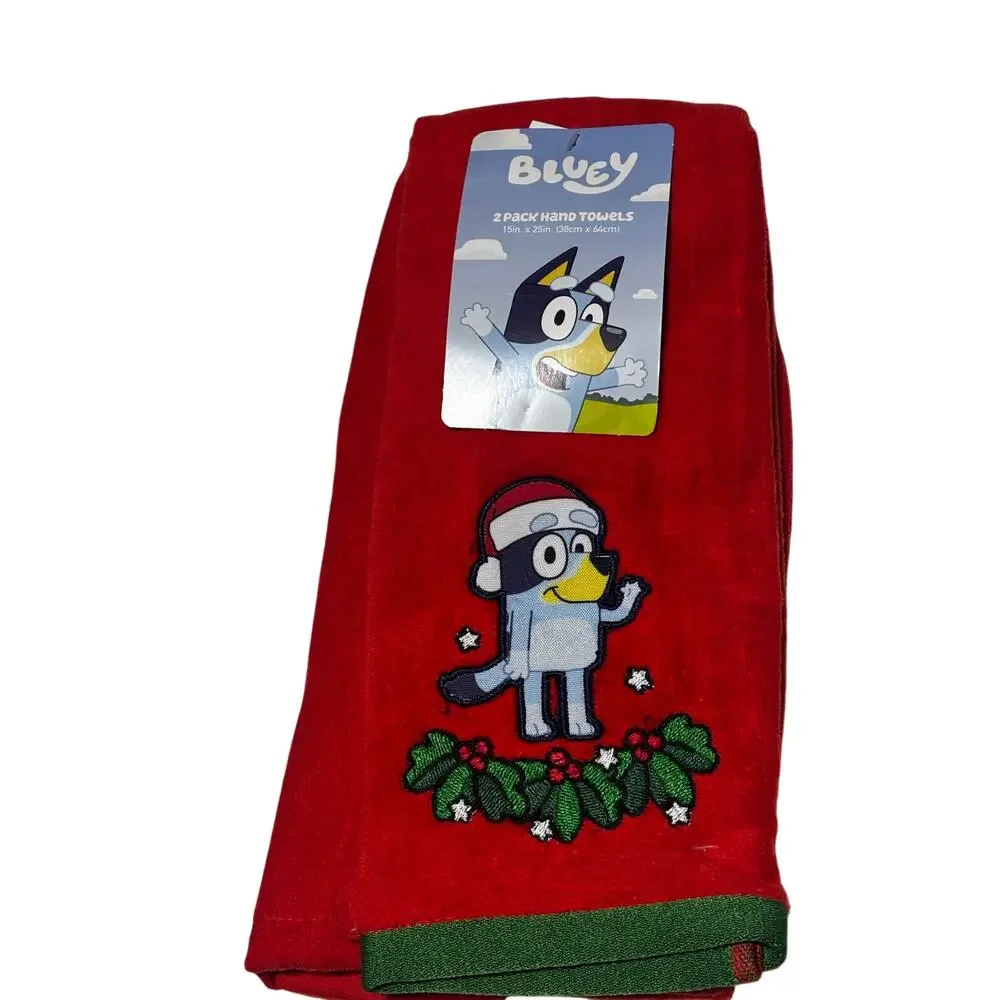 Bluey 2 pack red Christmas hand towels terry cloth nwt Santa hat Holly branches